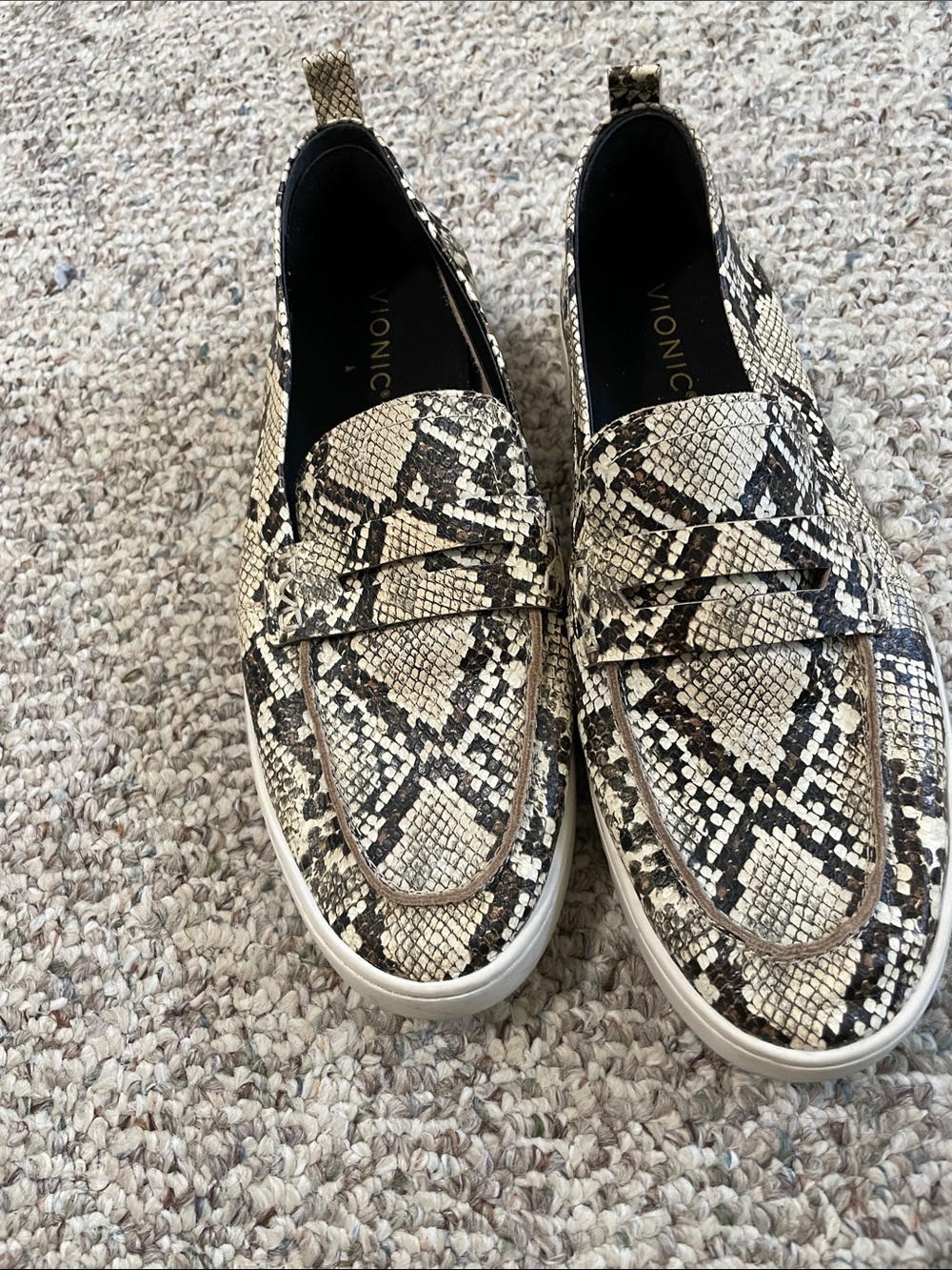 Vionic Snake-Print Loafers in Cream and Black